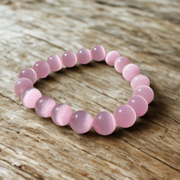 Pink Cat's Eye Gemstone Beaded Bracelet - 10mm Stretchy Crystal Jewelry - Picture 4 of 9